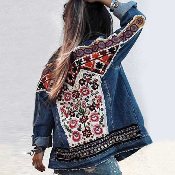 Boho Denim Blue Floral Embroidered Jean Jacket - Picture 4 of 14